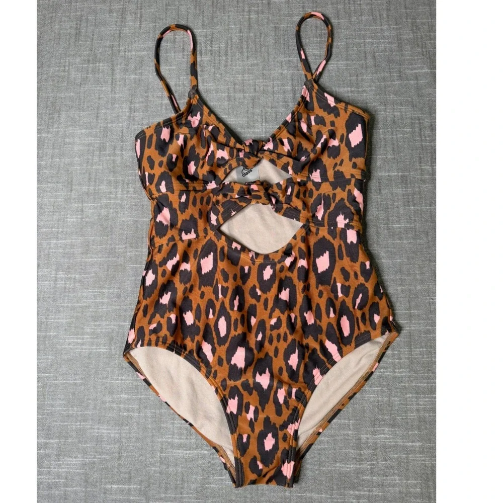 Art Class Girls Leopard‎ Print One Piece Swimsuit Cutout Tie Brown Pink L 10/12